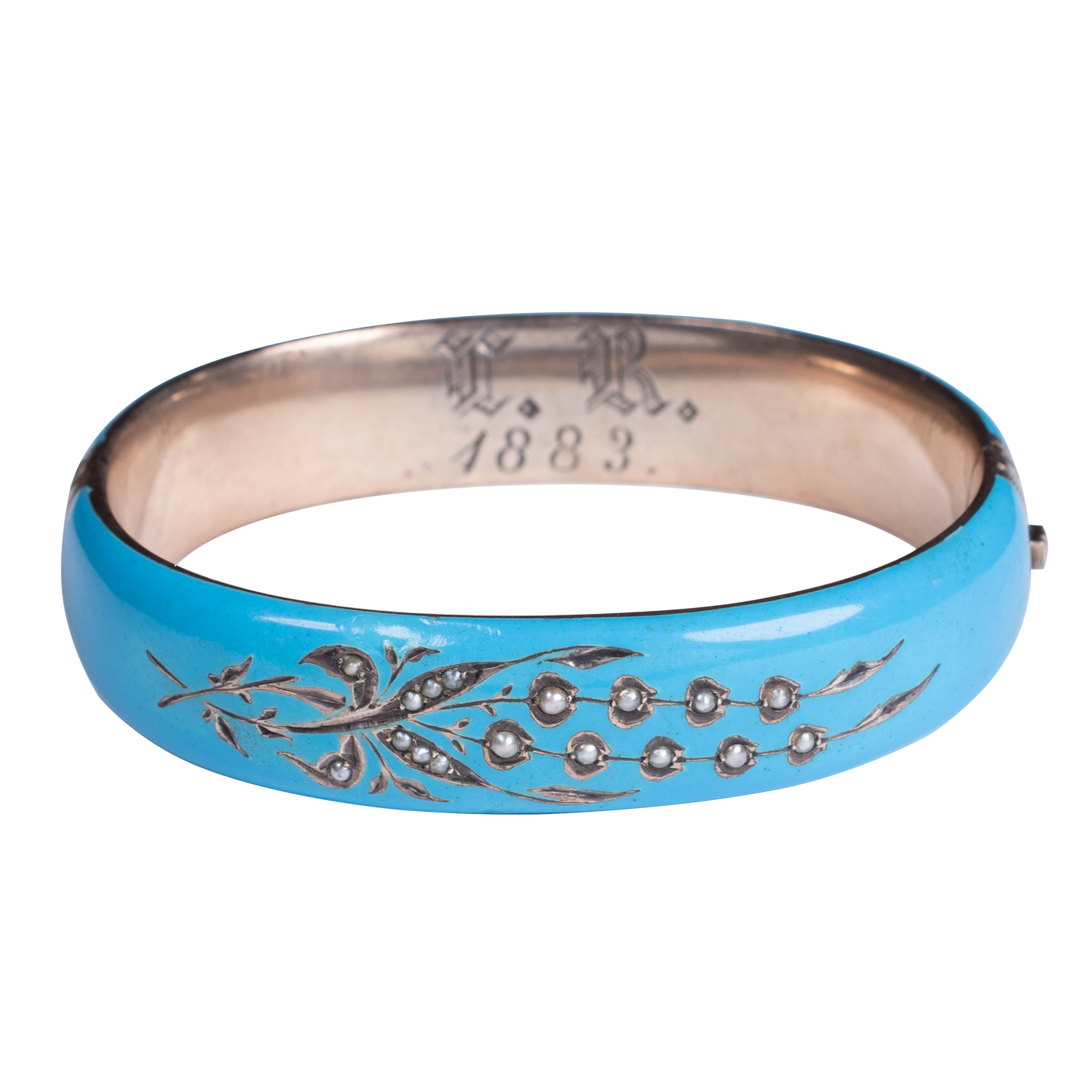 19th Century Austro-Hungarian Turquoise Enamel Bracelet with Pearl Floral Engraving