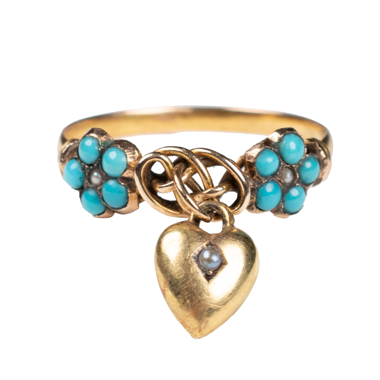 Victorian Turquoise Forget-Me-Not Ring with Lover's Knot and Heart Charm