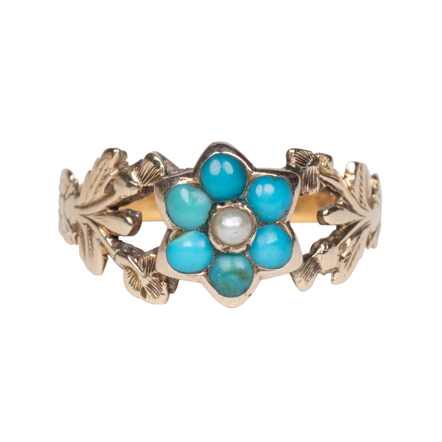 Victorian Turquoise Forget-Me-Not Ring with Rose Shamrock and Clover Detailing